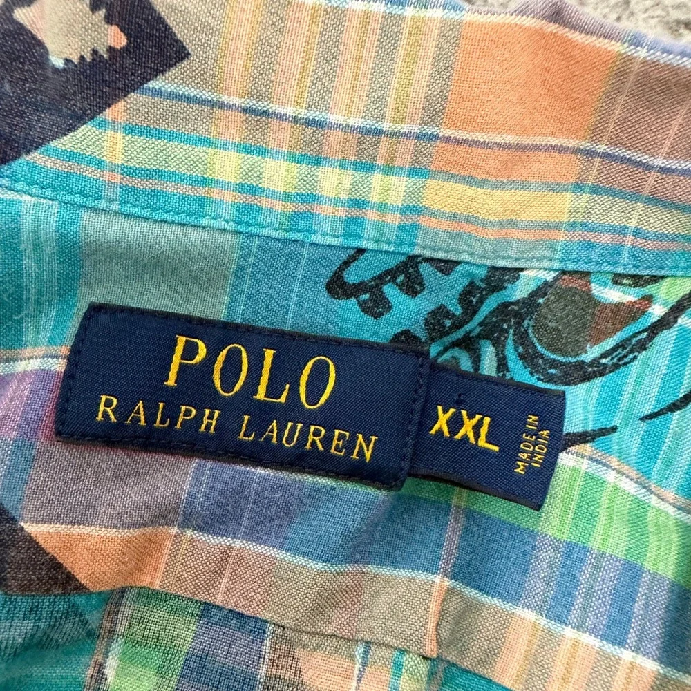 Polo Ralph Lauren Shirt XXL Southwestern Tribal Fish Plaid Camp Turquoise